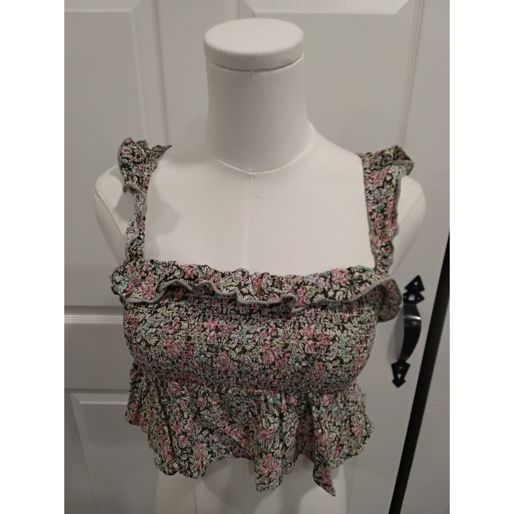 Natural Life Smocked Ruffle Crop Top Floral Print Square Neck Women's S